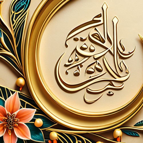 Home 4 ** An ornate Arabic calligraphic design featuring the feminine Taa Marbuta (ة). The design incorporates flowers and flowing lines, symbolizing the beauty and grace associated with feminine nouns in the Arabic language. Background should be a warm, golden tone.
**