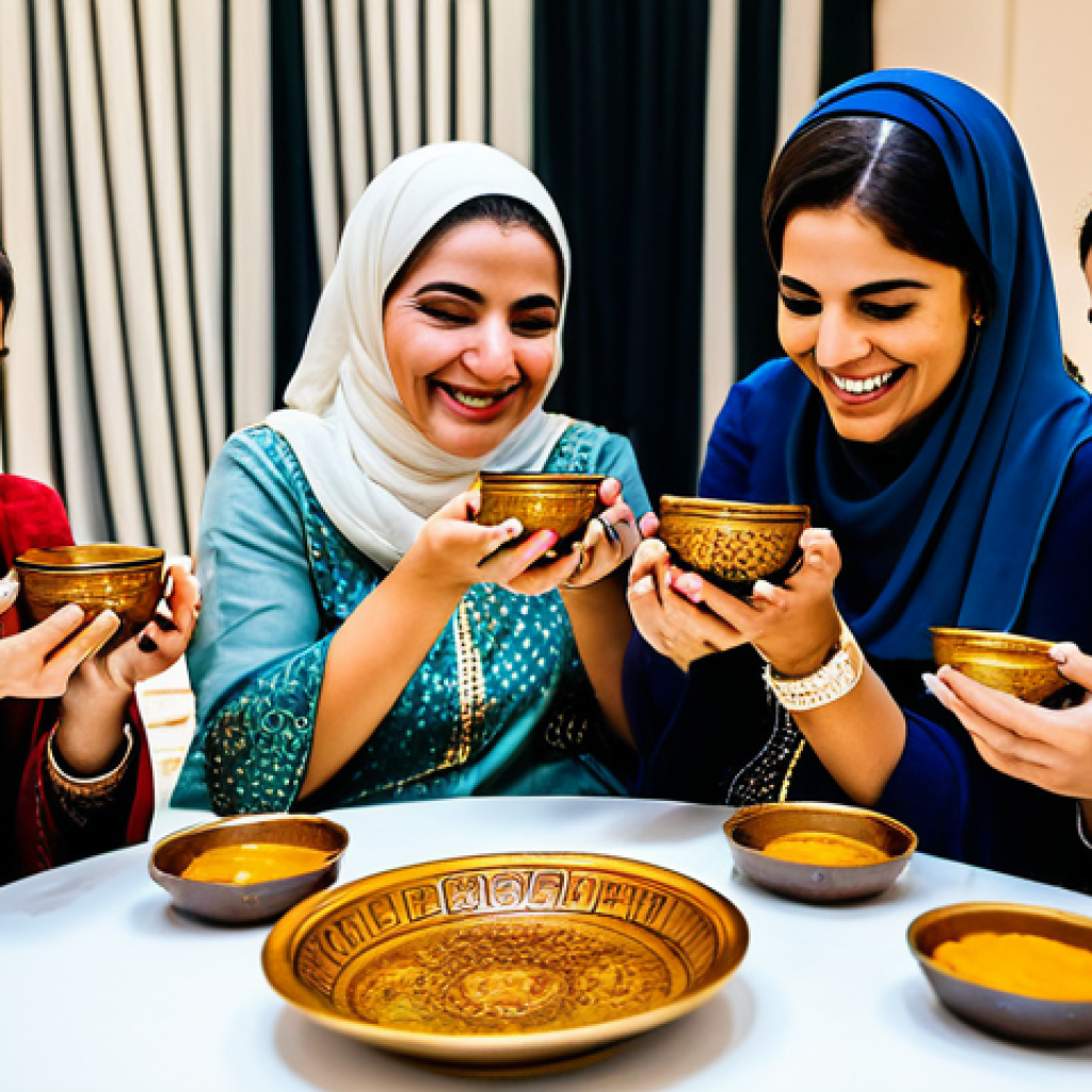 A joyful and elegant scene of an Arab henna night celebration. A diverse group of adult women, fully clothed in modest, traditional Arabic festive attire like embellished kaftans and elegant jalabiyas, are gathered in a luxurious, modern event hall. The hall features warm, inviting lighting and subtle traditional Arabic patterns in the decor. Some women are smiling and laughing, holding small bowls of henna, while others are playfully applying intricate henna designs on hands. The atmosphere is warm, communal, and family-friendly. Perfect anatomy, correct proportions, natural pose, well-formed hands, proper finger count, natural body proportions, professional photography, high quality, safe for work, appropriate content, modest, fully clothed.
