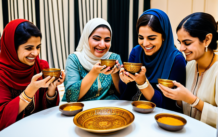A joyful and elegant scene of an Arab henna night celebration. A diverse group of adult women, fully clothed in modest, traditional Arabic festive attire like embellished kaftans and elegant jalabiyas, are gathered in a luxurious, modern event hall. The hall features warm, inviting lighting and subtle traditional Arabic patterns in the decor. Some women are smiling and laughing, holding small bowls of henna, while others are playfully applying intricate henna designs on hands. The atmosphere is warm, communal, and family-friendly. Perfect anatomy, correct proportions, natural pose, well-formed hands, proper finger count, natural body proportions, professional photography, high quality, safe for work, appropriate content, modest, fully clothed.