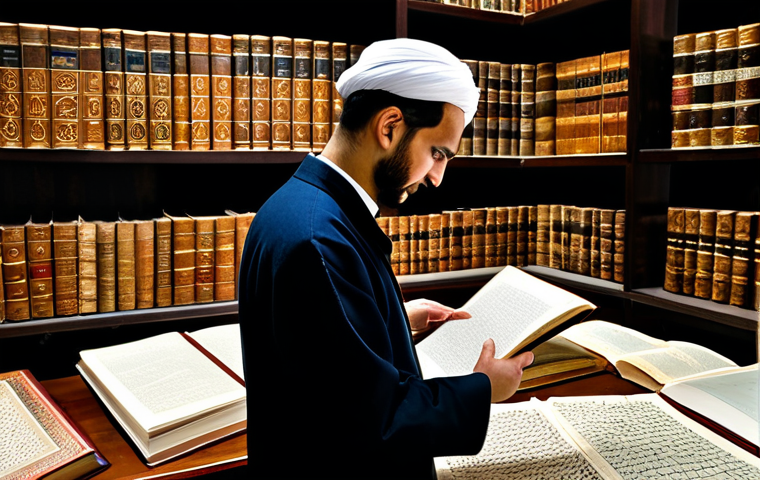 A professional academic, fully clothed in modest and appropriate scholarly attire, thoughtfully observing a display of ancient texts and calligraphic art. The setting is a grand, sunlit historical archive, where intricate architectural details reflect a blend of Arabic and Ottoman design, symbolizing the deep historical and linguistic ties. The display features open books showcasing both Arabic and Ottoman Turkish scripts, representing centuries of shared knowledge and cultural exchange. The academic exhibits perfect anatomy, correct proportions, a natural pose, well-formed hands, and proper finger count. This image is safe for work, appropriate content, and professional quality.