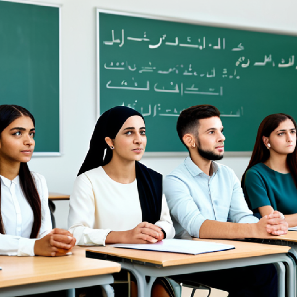 **

"A group of diverse students in a modern classroom, fully clothed in modest attire, listening attentively to a lecture on Arabic language and Artificial Intelligence. The scene emphasizes collaboration and technology. Safe for work, appropriate content, professional, family-friendly, perfect anatomy, natural proportions, well-formed hands, proper finger count. The background includes educational posters and digital displays. High quality, realistic rendering."

**