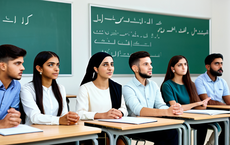 **

"A group of diverse students in a modern classroom, fully clothed in modest attire, listening attentively to a lecture on Arabic language and Artificial Intelligence. The scene emphasizes collaboration and technology. Safe for work, appropriate content, professional, family-friendly, perfect anatomy, natural proportions, well-formed hands, proper finger count. The background includes educational posters and digital displays. High quality, realistic rendering."

**