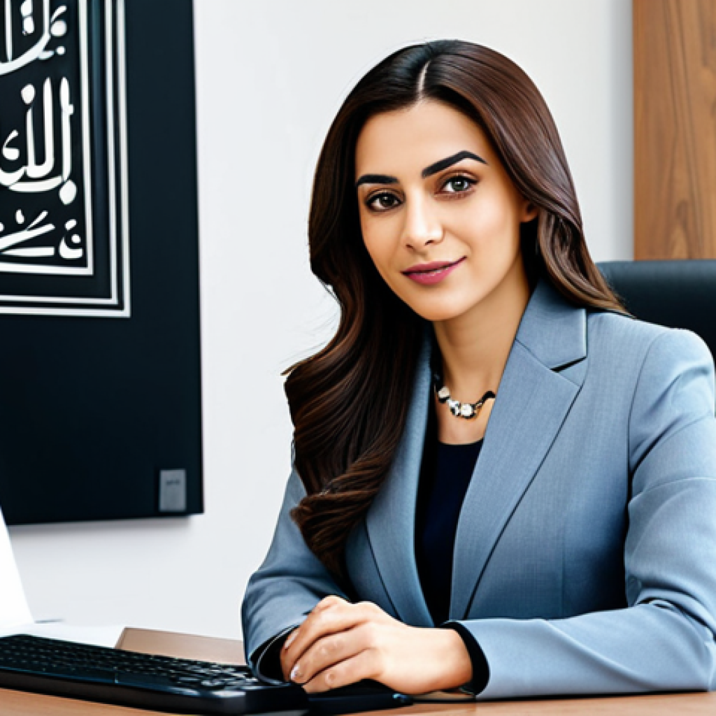 **

"A professional businesswoman in a modest business suit, sitting at a desk in a modern office, fully clothed, appropriate attire, safe for work, perfect anatomy, natural proportions, professional photography, high quality. The office has Arabic calligraphy art subtly displayed."

**