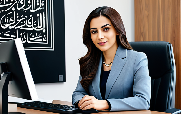 **

"A professional businesswoman in a modest business suit, sitting at a desk in a modern office, fully clothed, appropriate attire, safe for work, perfect anatomy, natural proportions, professional photography, high quality. The office has Arabic calligraphy art subtly displayed."

**