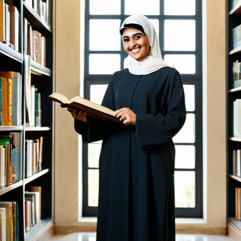 **

A professional Arab linguist, fully clothed in modest, culturally appropriate attire (e.g., a tailored suit or a long, elegant dress), standing in a modern library filled with Arabic books and manuscripts. Sunlight streams through large windows.  She is smiling warmly while pointing at a passage in an ancient Arabic text. Perfect anatomy, correct proportions, natural pose, well-formed hands, proper finger count. Safe for work, appropriate content, professional, family-friendly.

**