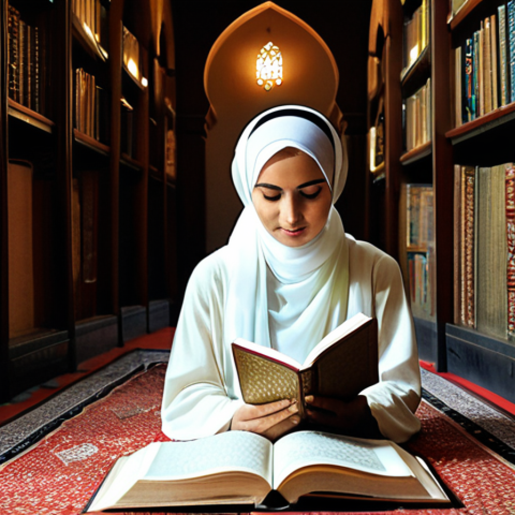 아랍어 코란 해석 - **Image Prompt 1: The Unveiling of Light and Meaning**
    A serene, thoughtful Arab woman, mid-30s,...