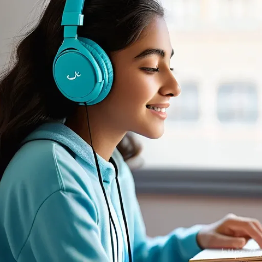 아랍어 원어민과 대화하는 법 - **Prompt: Joyful Immersion in Arabic Sounds**
"A 16-year-old student, of diverse ethnicity, wear...