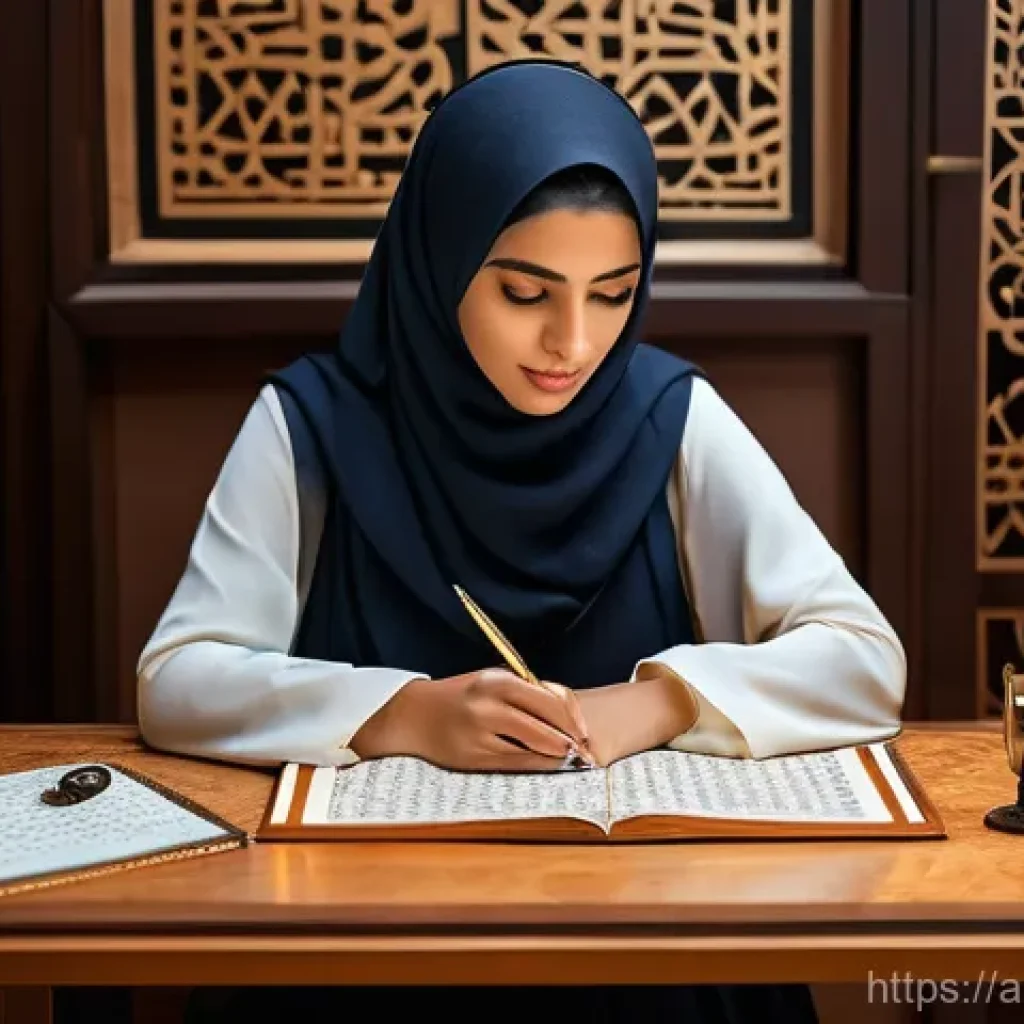 아랍어 시 쓰기 - **A Contemporary Arab Poet Bridging Eras:** A poised young Arab woman, with a thoughtful expression,...