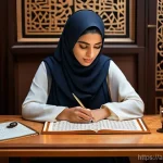 Home 11 아랍어 시 쓰기 - **A Contemporary Arab Poet Bridging Eras:** A poised young Arab woman, with a thoughtful expression,...