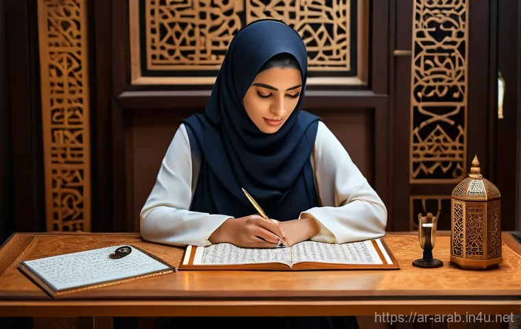 아랍어 시 쓰기 - **A Contemporary Arab Poet Bridging Eras:** A poised young Arab woman, with a thoughtful expression,...