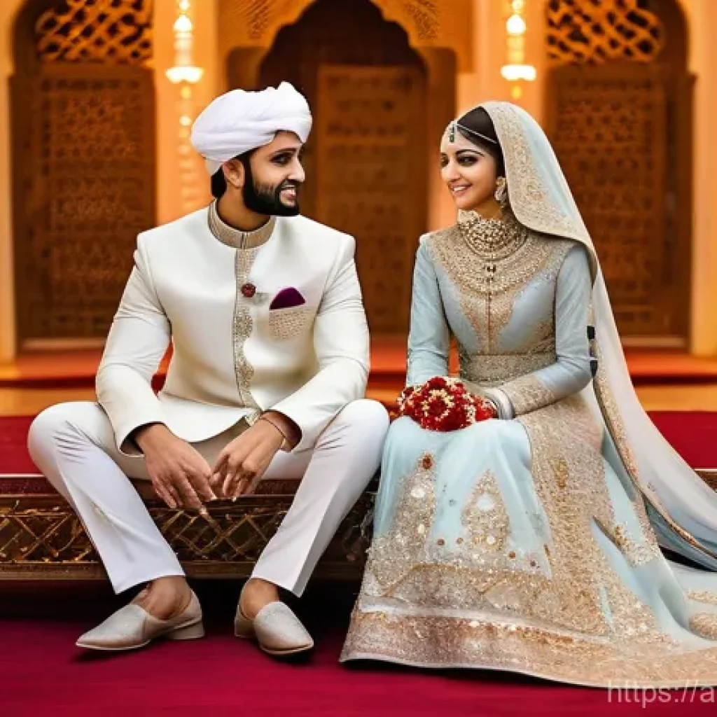 아랍어권에서의 전통 의상 - **Prompt:** "A majestic and joyous scene of an Arabian bride and groom on their wedding day. The bri...