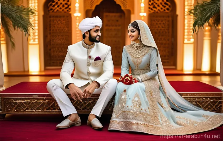 아랍어권에서의 전통 의상 - **Prompt:** "A majestic and joyous scene of an Arabian bride and groom on their wedding day. The bri...