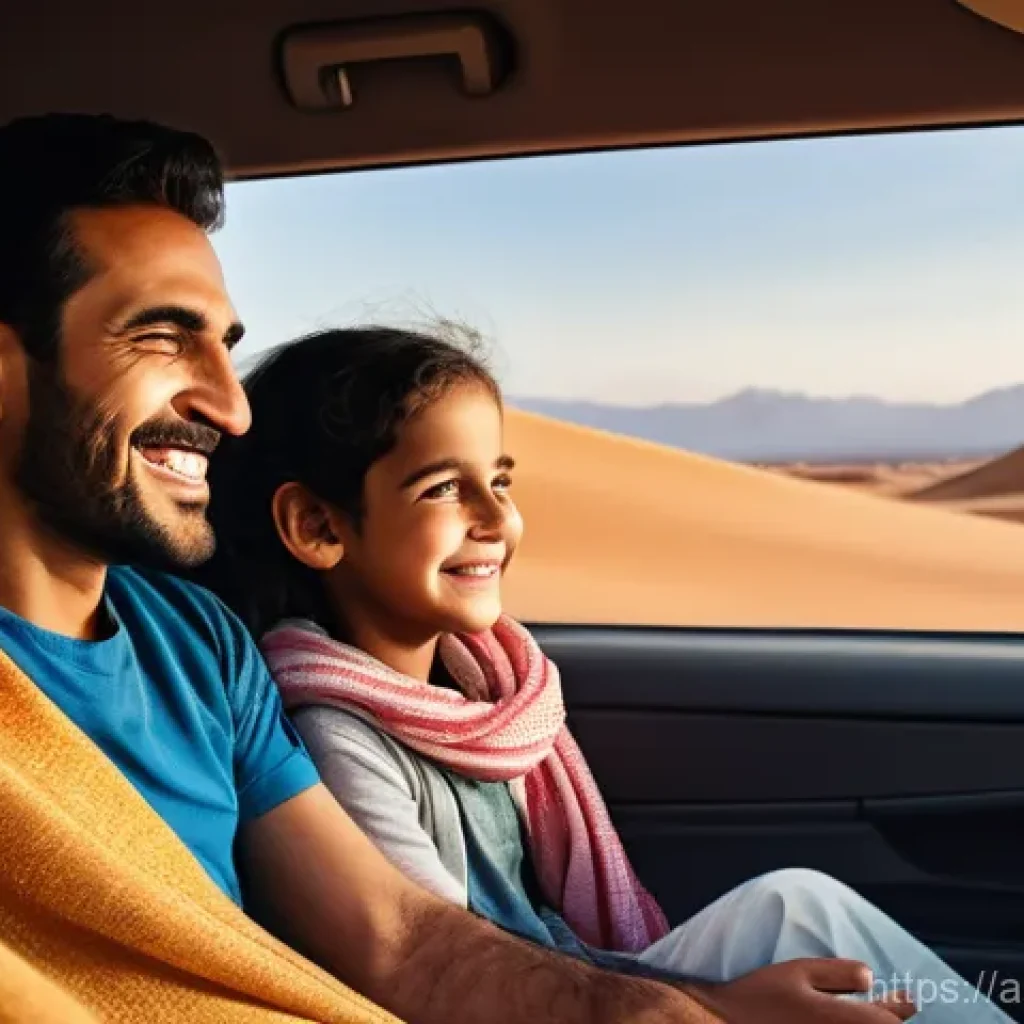 아랍어권에서의 자동차 문화 - **Prompt:** A heartwarming scene of an Arab family enjoying a desert road trip in a clean, modern SU...