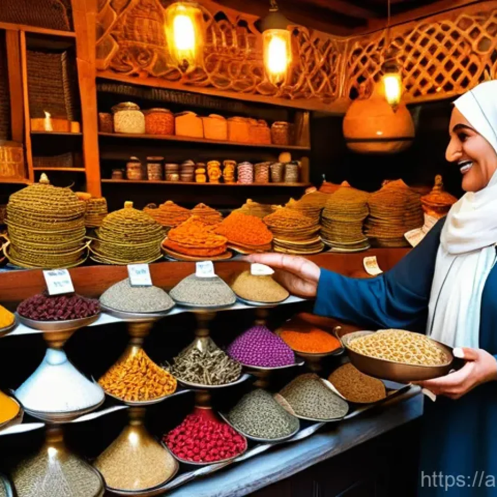 아랍어 쇼핑 관련 표현 - **A Lively Haggling Scene in a Traditional Souk**
A photorealistic image capturing a friendly in...