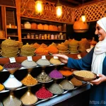 Home 8 아랍어 쇼핑 관련 표현 - **A Lively Haggling Scene in a Traditional Souk**
A photorealistic image capturing a friendly in...